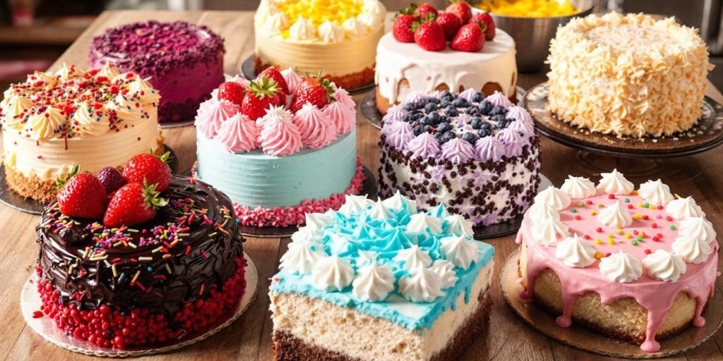 Colorful cakes made from box cake mix on table.