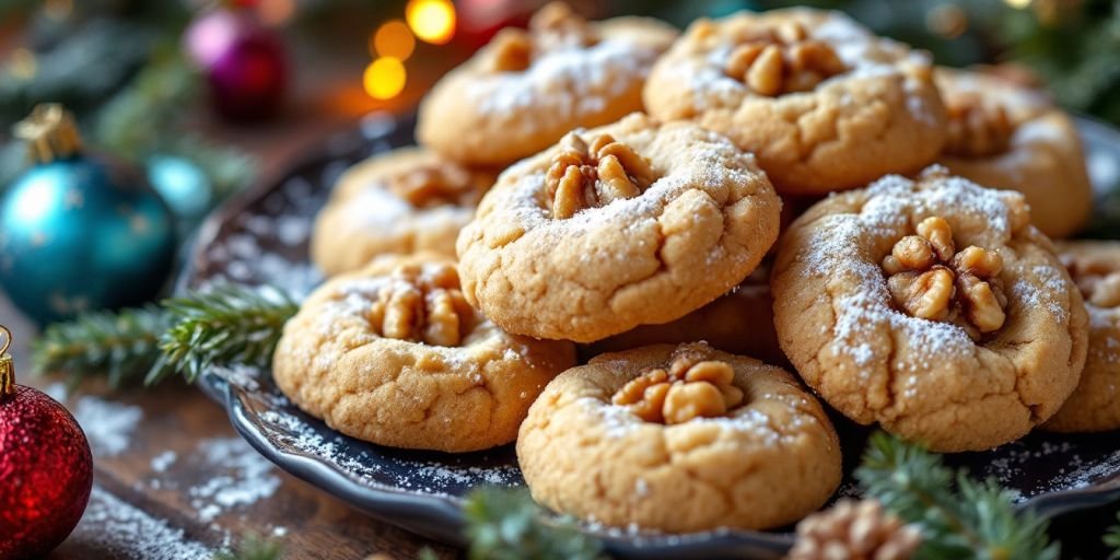 Golden Butterball cookies with walnuts on a festive plate.