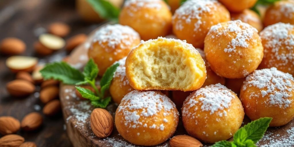 Golden-brown Italian butterball cookies with almond flour and mint.