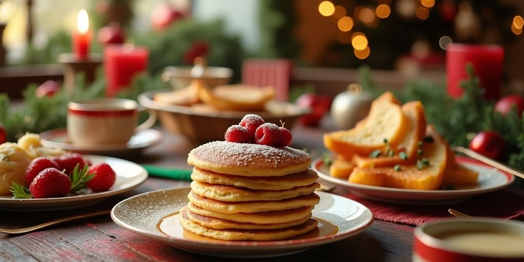 Festive holiday breakfast spread with colorful dishes and decorations.