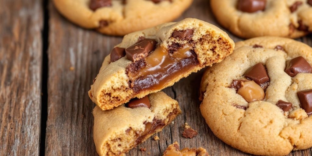 Delicious Mars Bars cookies on a wooden surface.