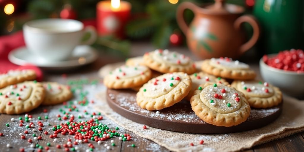 Festive holiday baking scene with cookies and decorations.