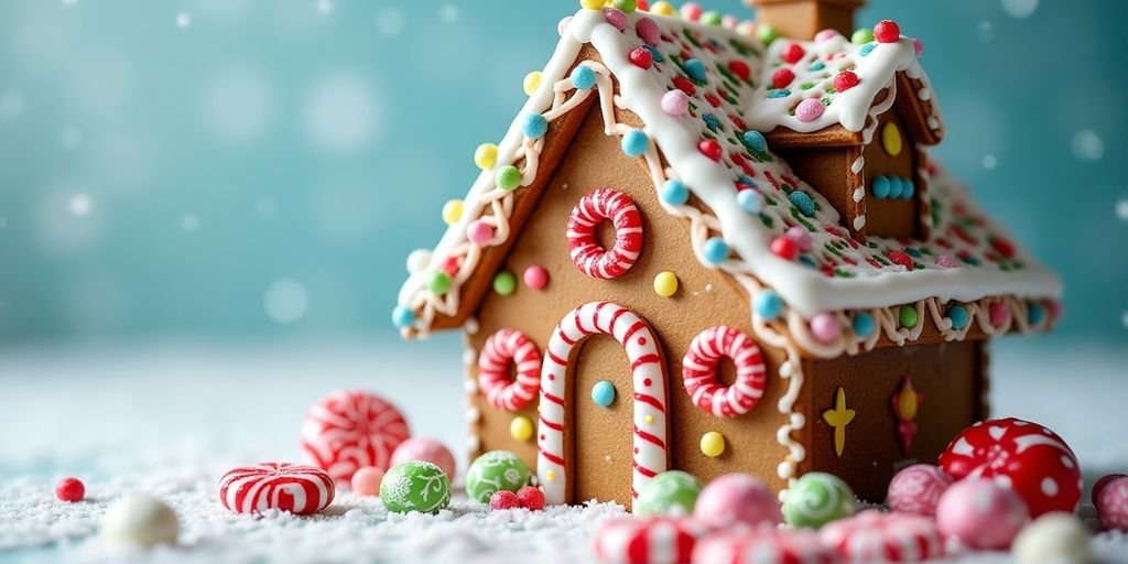 Decorated gingerbread house with candy and icing details.