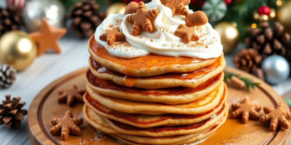 Gingerbread pancakes with cream and festive decorations.