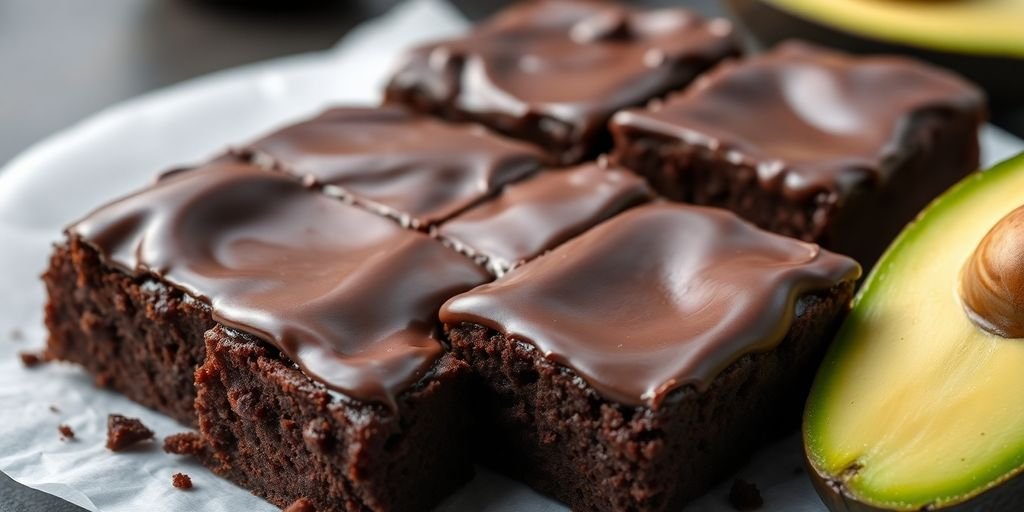 Fudgy avocado brownies on a white plate with glaze.