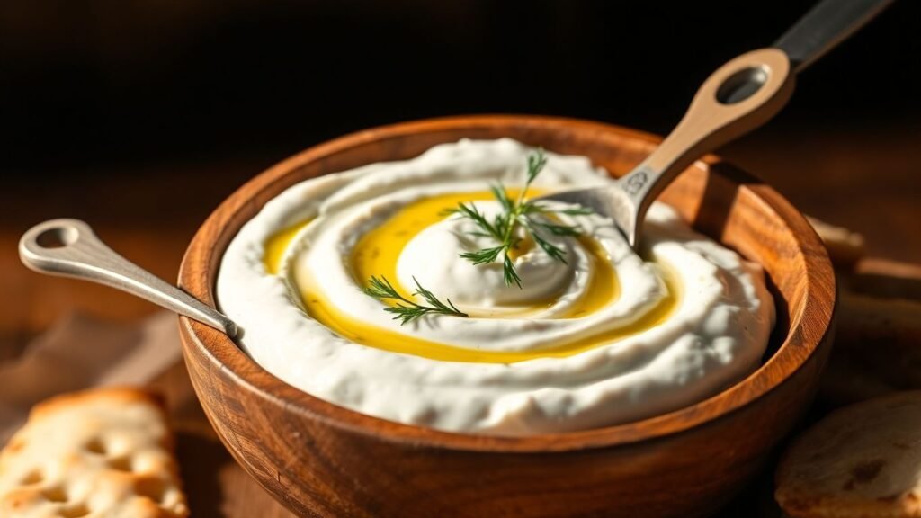 Authentic Armenian yogurt dip in a bowl with herbs.