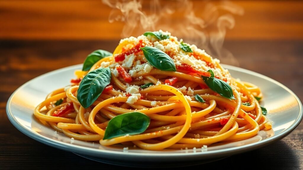 Gourmet pasta dish for one, looking better than takeout.