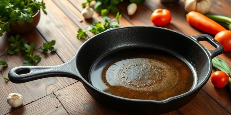 Cast iron skillet with fresh ingredients on wooden table.