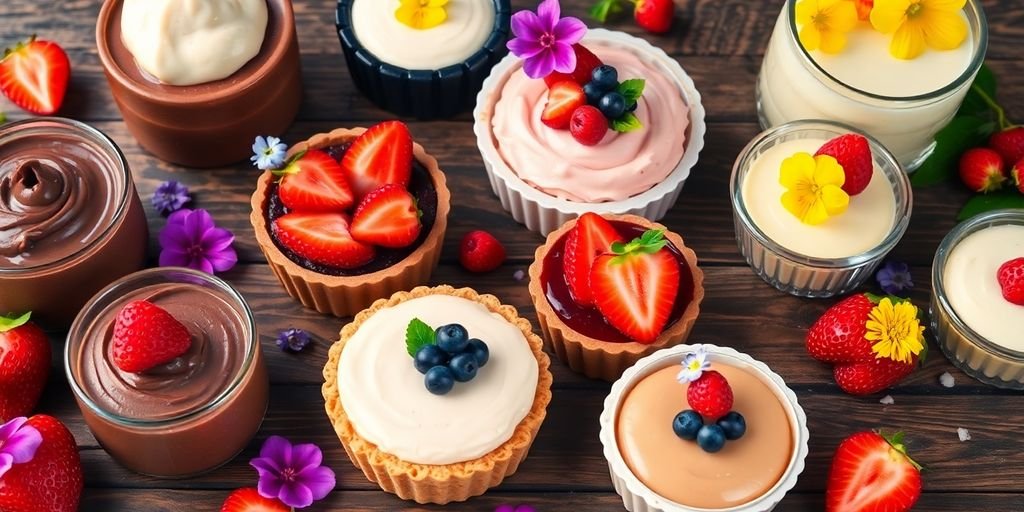 Colorful vegan desserts on a wooden table.