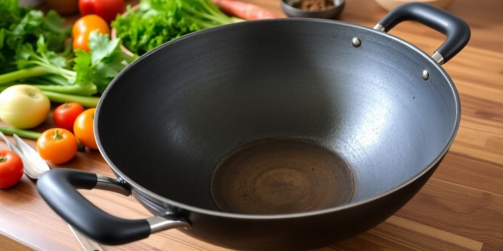 Carbon steel wok with vegetables on a wooden countertop.