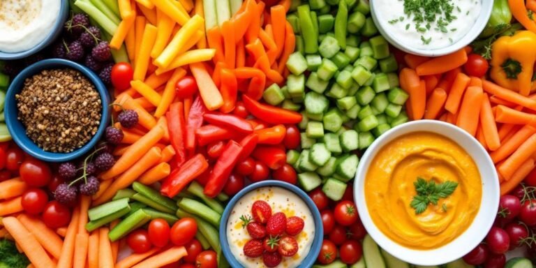 Colorful crudité boards with dips for entertaining guests.