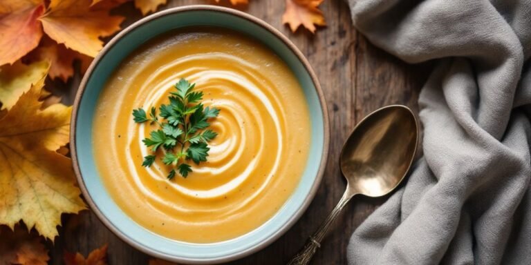 Bowl of keto soup with herbs on a wooden table.