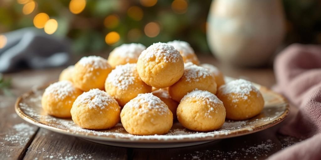 Plate of golden butterball cookies with powdered sugar.