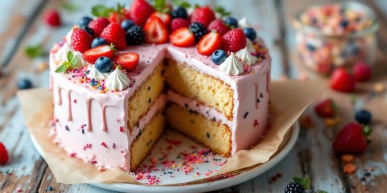 Delicious box cake topped with berries and colorful sprinkles.