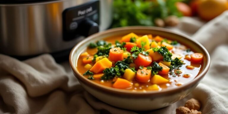 Bowl of colorful fall soup with vegetables and herbs.