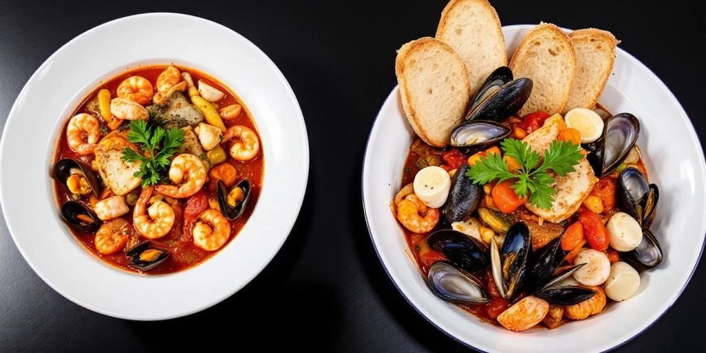 Bowl of cioppino and bowl of bouillabaisse side by side.