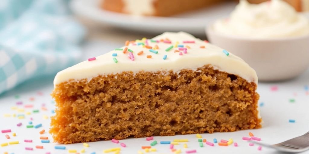 Slice of ultra moist cake with frosting and sprinkles.