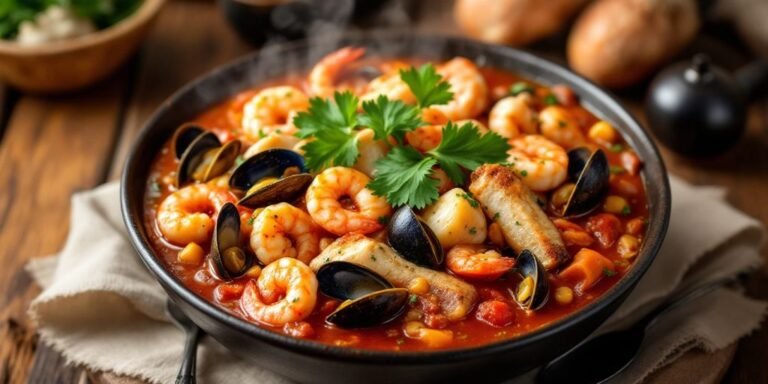 Bowl of cioppino with seafood and herbs.