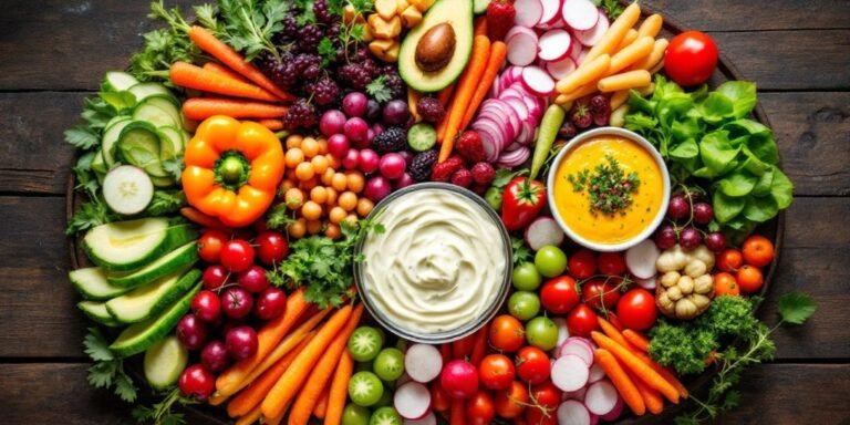 Colorful crudité board with fresh vegetables and dips.