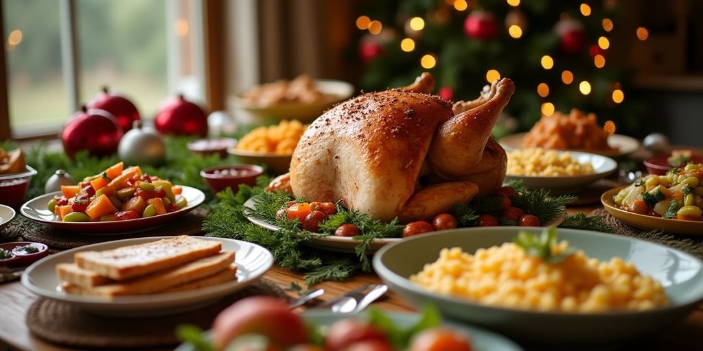 Colorful holiday dishes on a beautifully set dining table.