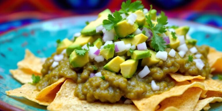 Delicious chilaquiles verdes with toppings on a plate.