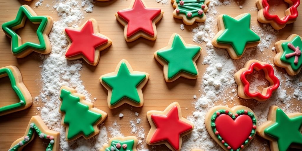 Colorful holiday cookie cutters on a wooden table.