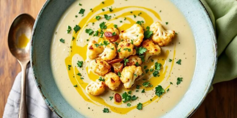 Bowl of roasted cauliflower and almond soup with herbs.