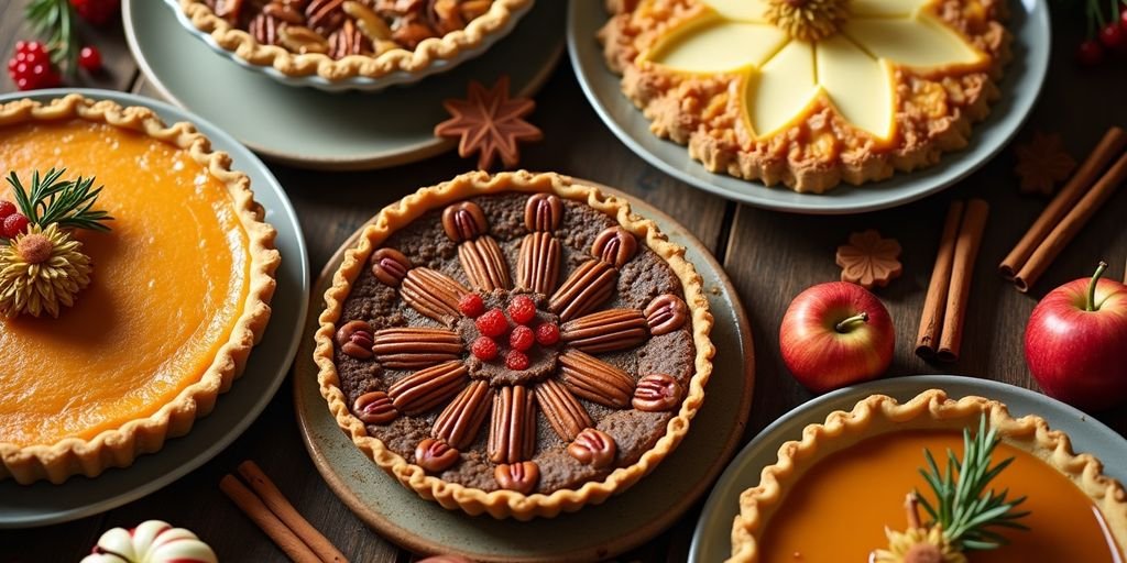 Holiday pies including pumpkin, pecan, and apple varieties.