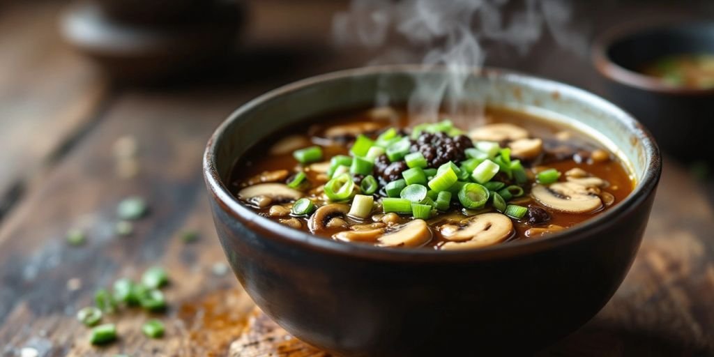 Bowl of miso mushroom soup with green onions