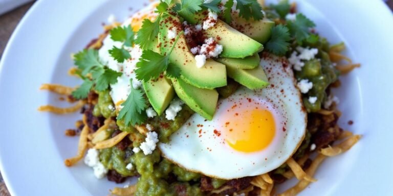 Plate of chilaquiles verdes with toppings and eggs.