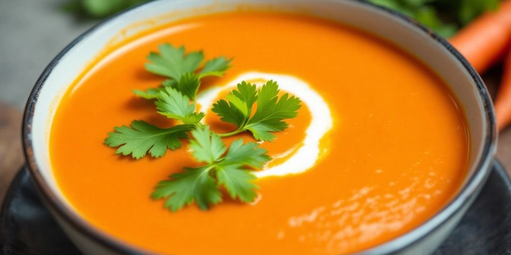 Bowl of carrot and coriander soup with lime slices.