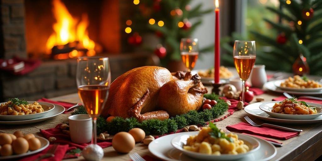 Christmas feast table with turkey and festive decorations.