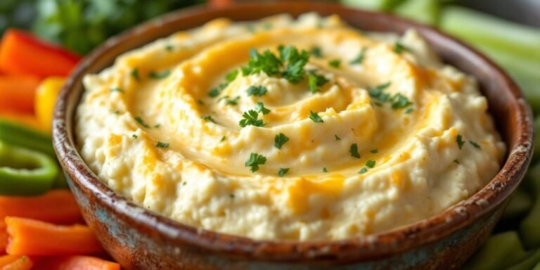 Cheesy cauliflower dip in a bowl with veggies.