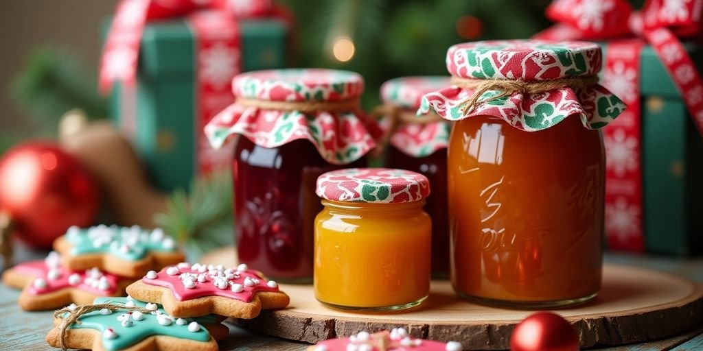 Colorful homemade Christmas food gifts on a festive table.