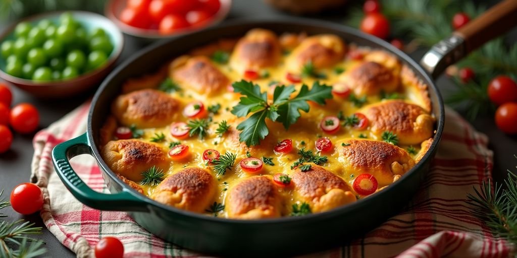 Festive one-pan Christmas dinner with casseroles and veggies.