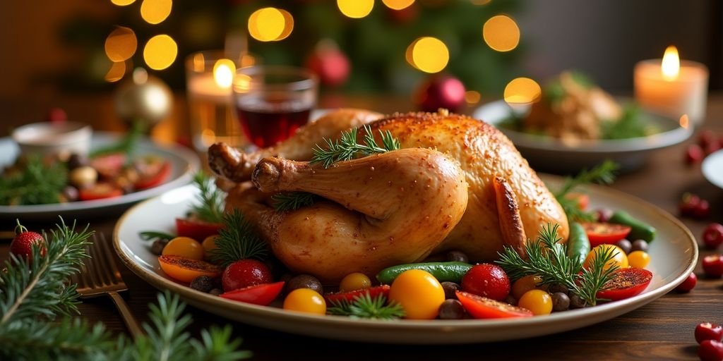 One-pan Christmas dinner with chicken and vegetables.