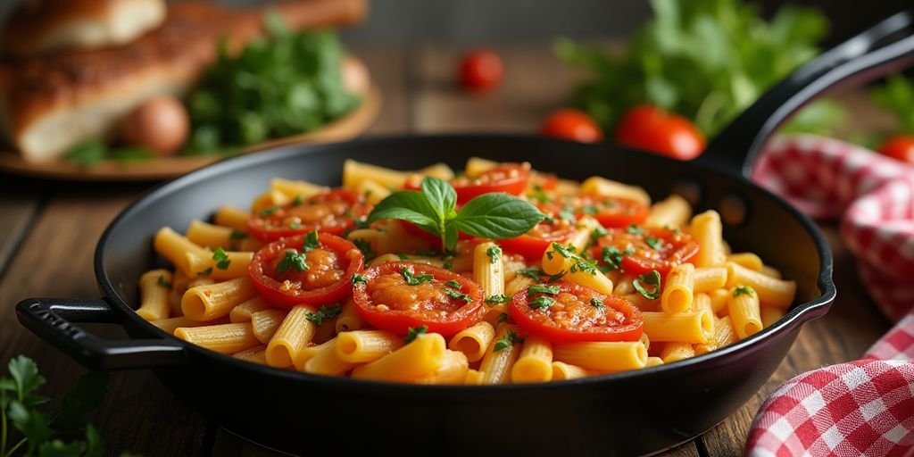 One-pan pasta dish with vibrant vegetables and herbs.