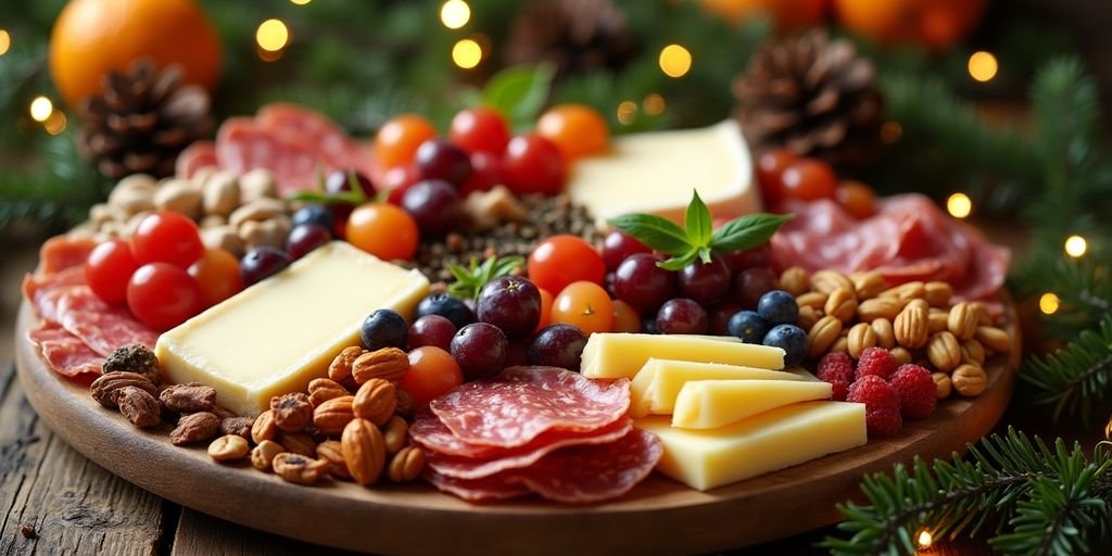 Colorful charcuterie board with cheese and fruits.