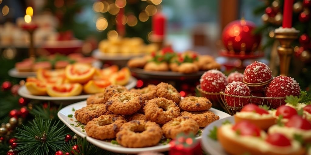 Colorful festive food stations for holiday parties.