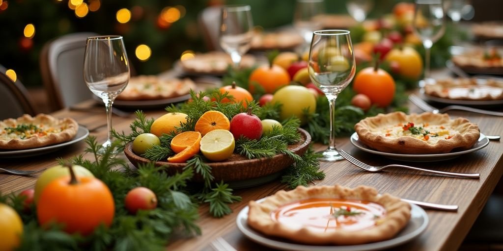 Colorful sustainable food presentations on a festive table.