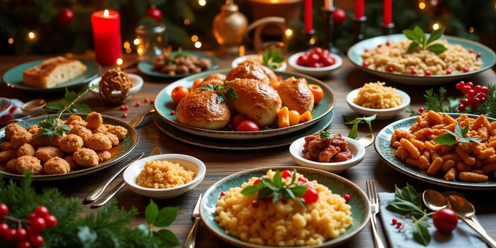 Colorful holiday table with diverse cultural dishes.