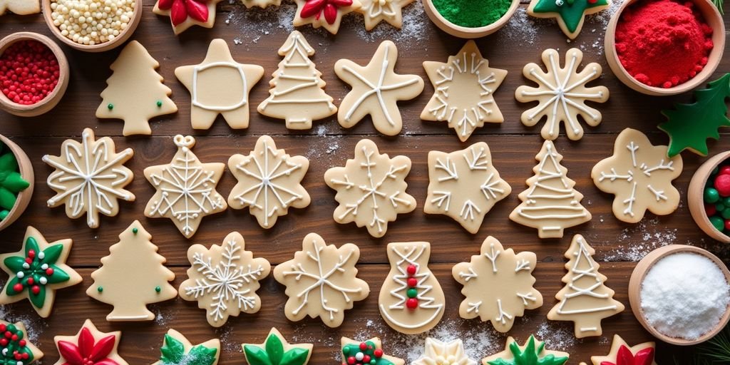 Colorful holiday cookie cutters on a wooden table.