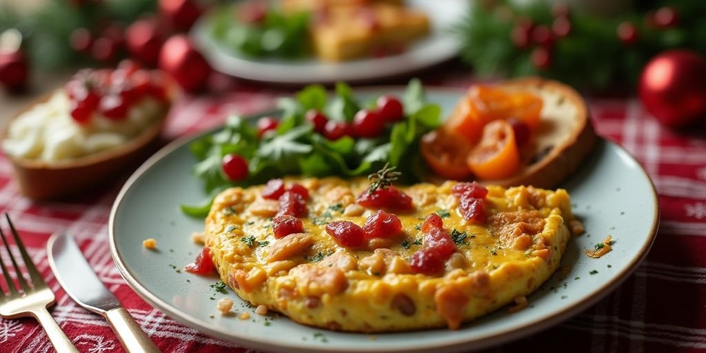 Breakfast plate with Christmas leftovers, frittata and toast.