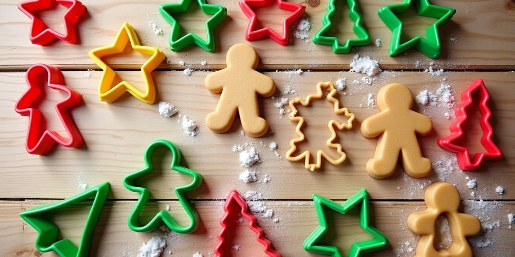 Colorful holiday cookie cutters in various fun shapes.