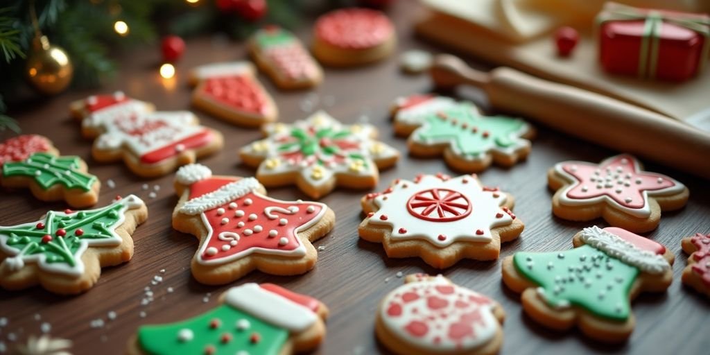 Colorful decorated holiday cookies on a festive table.