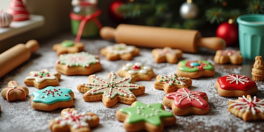 Colorful holiday baked goods in a festive kitchen setting.