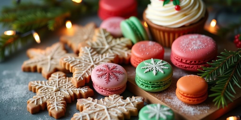 Assorted holiday baked goods with festive decorations.