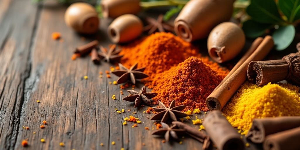 Colorful holiday spices arranged on a wooden table.