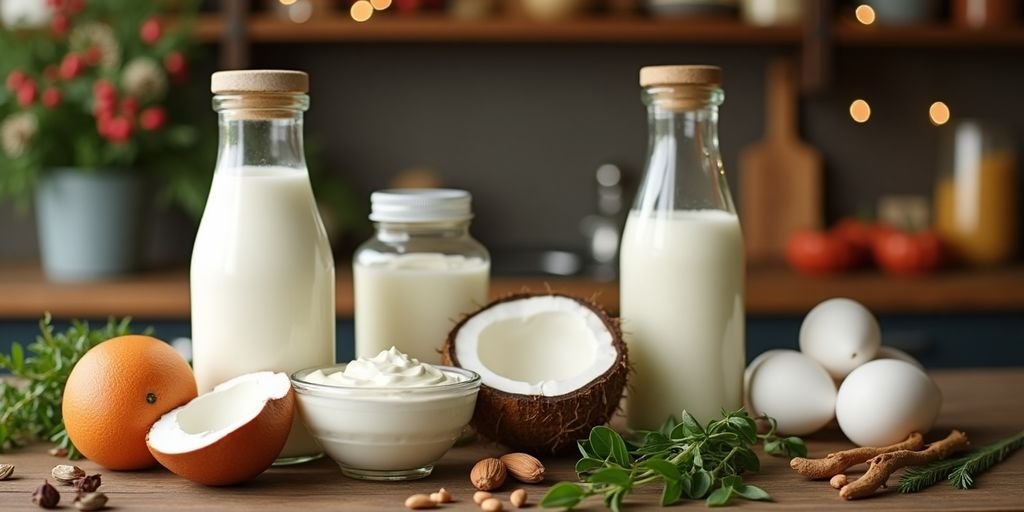 Dairy and egg alternatives on a rustic kitchen countertop.