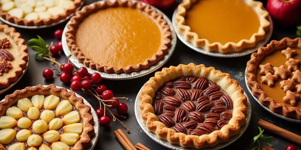 Assorted holiday pies with classic fillings on a table.